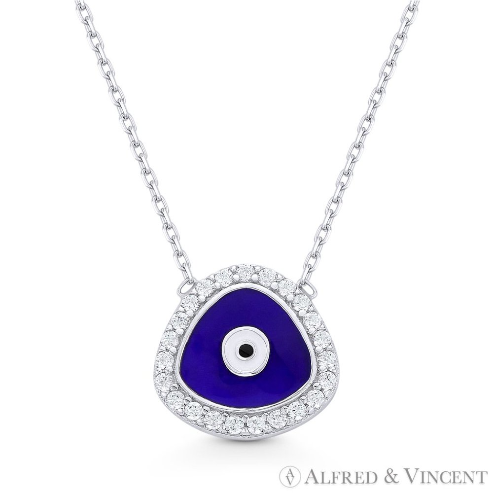 Evil Eye Enamel & CZ Crystal Pave Pendant Turkish Nazar Sterling Silver Necklace